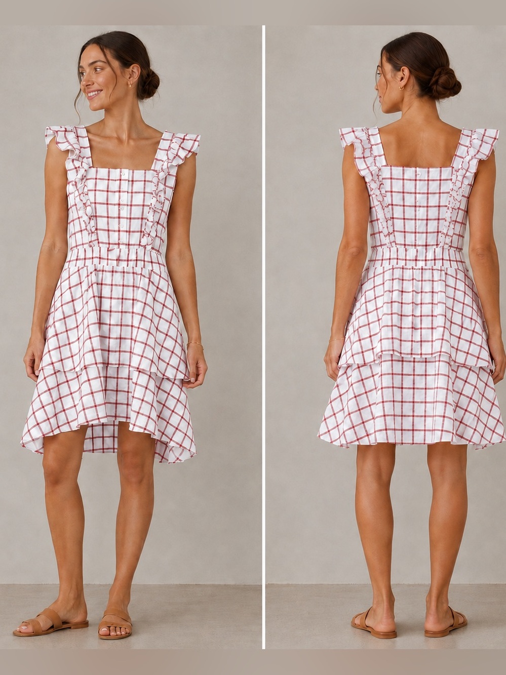 The Shirt Rochelle Behrens Plaid Ruffle Tiered Mini Dress White Red XS NWT